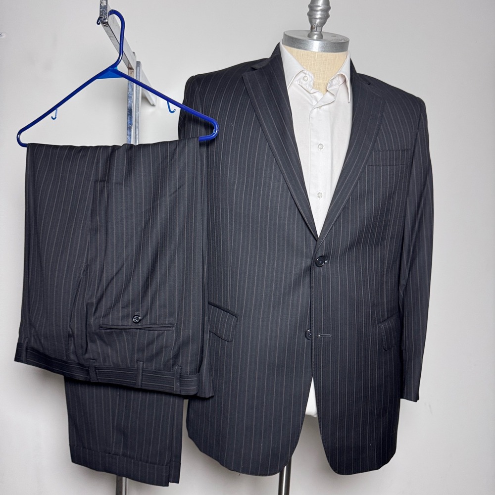 Hart Schaffner Marx Suit Mens 44L 35x30 Charcoal Gray Pinstripe 2-Button‎